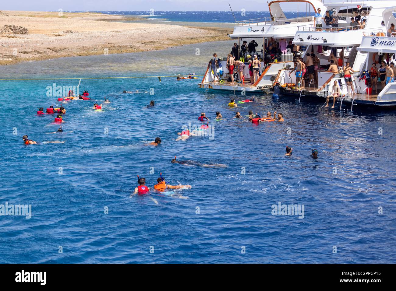 Gruppe von Personen in Schwimmwesten beim Schnorcheln im Roten Meer über einem Korallenriff, Dahab, Ägypten Stockfoto