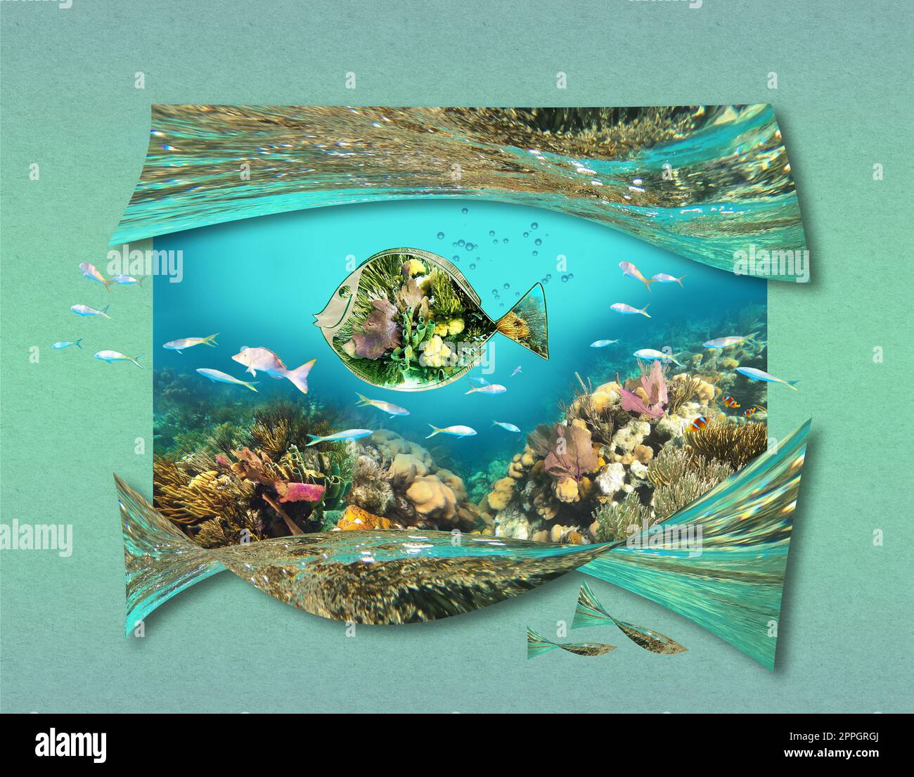 Farbenfrohes Korallenriff mit vielen Fischen. Kunstdesign Stockfoto
