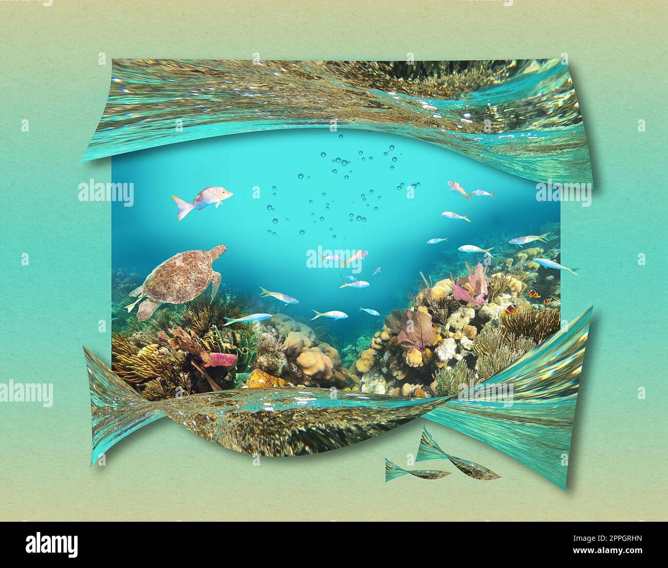 Farbenfrohes Korallenriff mit vielen Fischen und Meeresschildkröten. Kunstdesign Stockfoto