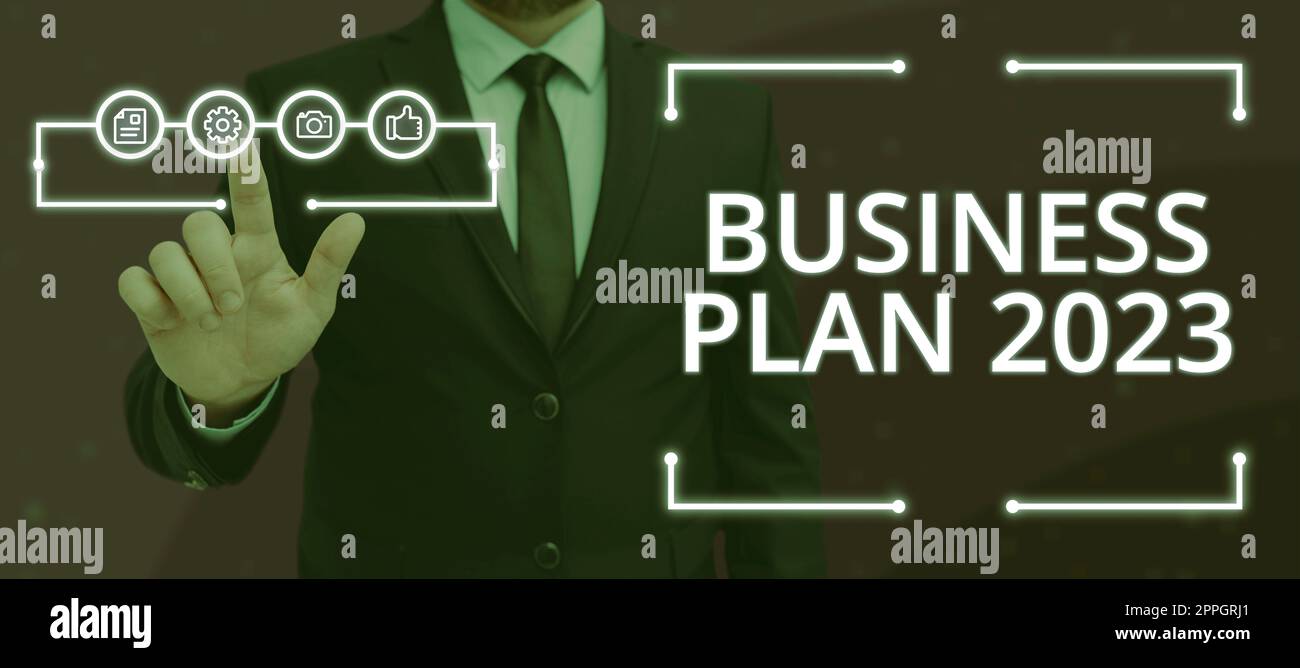 Schreiben mit Text Business Plan 2023Challenging Business Ideas and Goals for New Year. Konzept bedeutet herausfordernde Geschäftsideen und Ziele für das neue Jahr Stockfoto