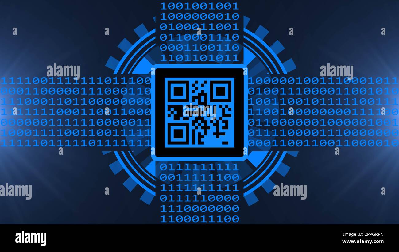 Bild des QR-Codes in der Mitte auf abstraktem Technologiehintergrund mit verschiedenen Grafikelementen auf verschwommenem Hintergrund Stockfoto