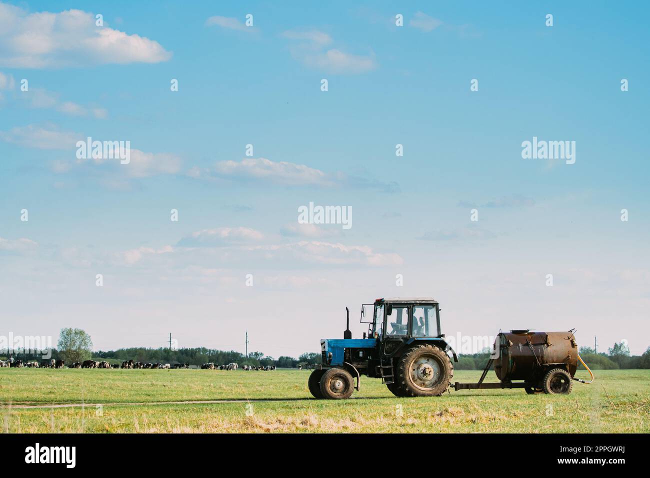 Alter Traktor Mit Tankfahrten Auf Countryside Road. Beginn Der Landwirtschaftlichen Frühjahrssaison Stockfoto