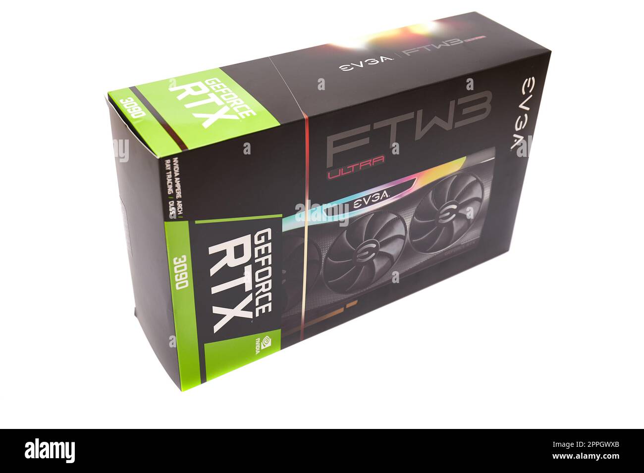 EVGA GeForce RTX 3090 Nvidia GPU Box, isoliert auf weiß Stockfoto