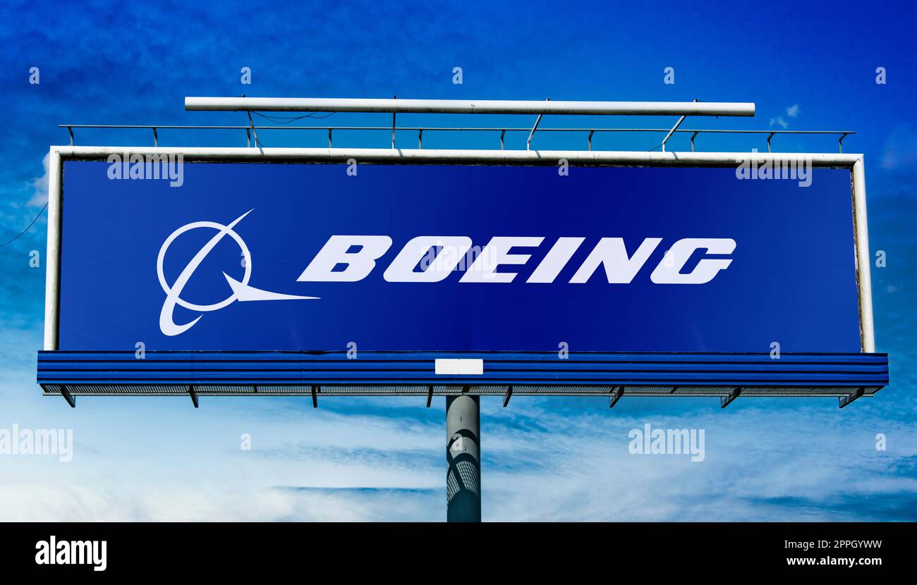 Reklametafel mit dem Logo der Boeing Company Stockfoto