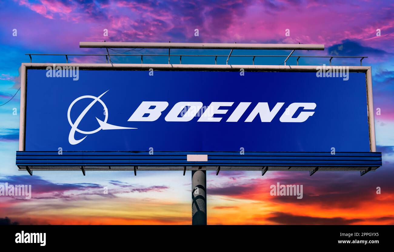 Reklametafel mit dem Logo der Boeing Company Stockfoto