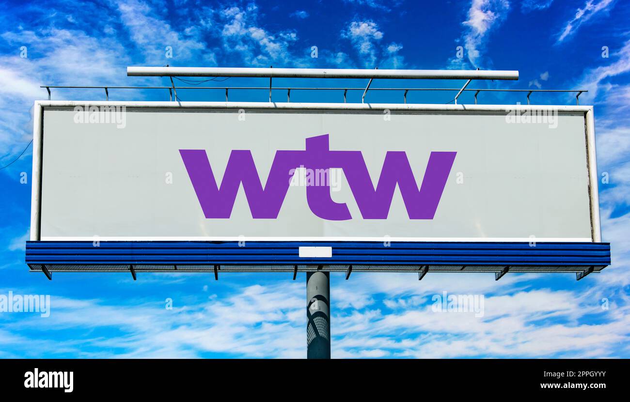 Reklametafel mit dem Logo von Willis Towers Watson Stockfoto