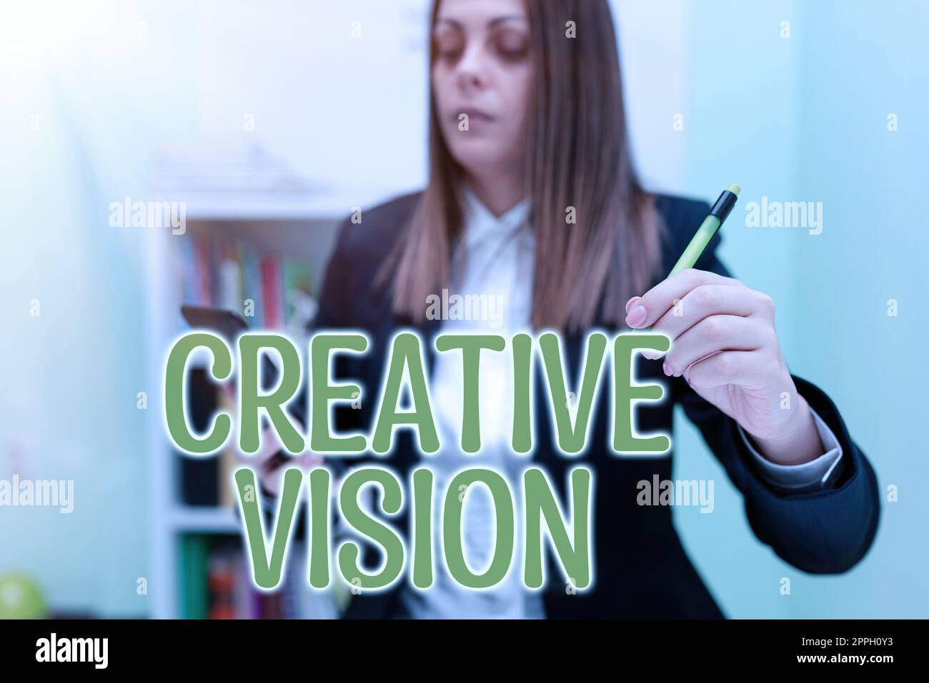 Schreiben mit Text Creative Vision. Geschäftsideeprozess der gezielten Erzeugung visueller Bilder Stockfoto