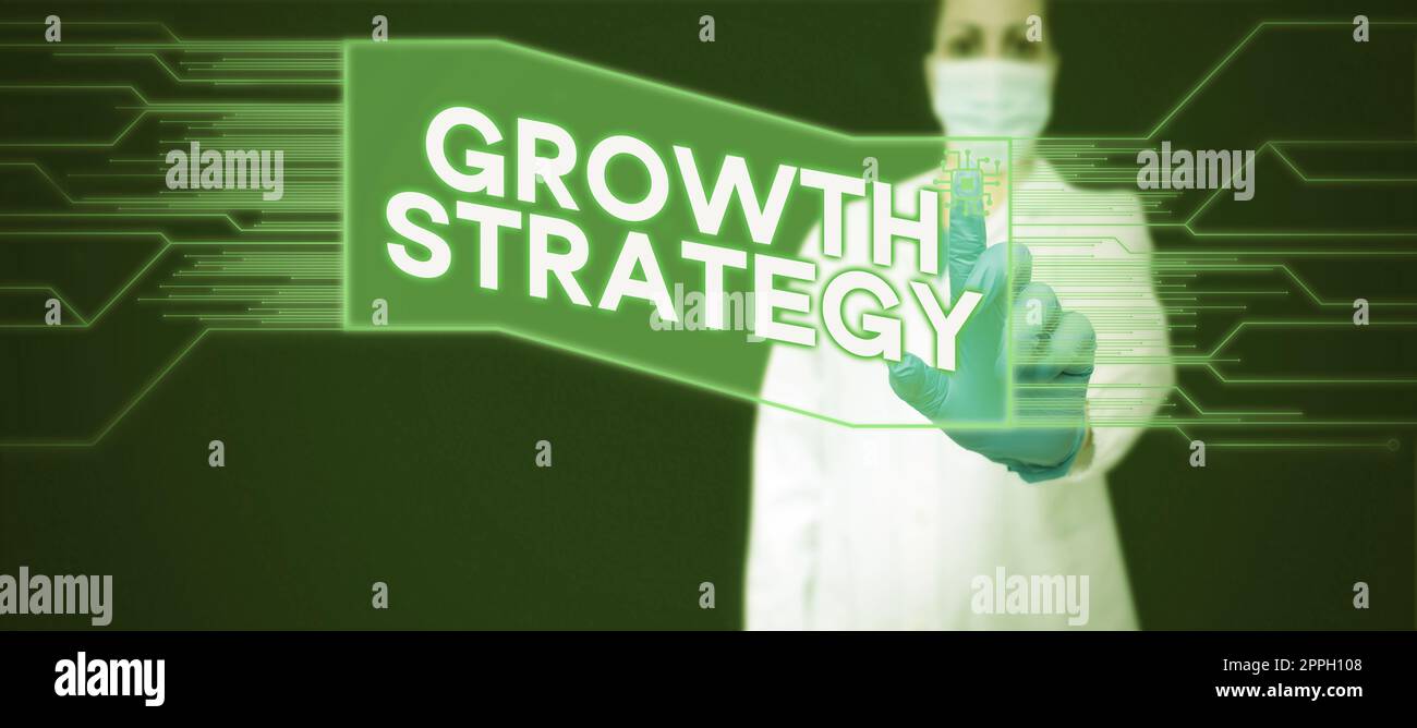 Schreiben mit Anzeige der Wachstumsstrategie für Text. Wort für die Methode, mit der ein Unternehmen sein Geschäft oder seinen Markt ausweitet Stockfoto
