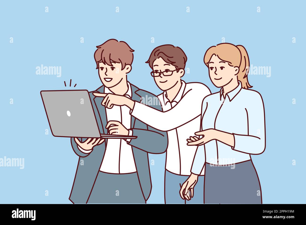 Frau und zwei Männer Startup-Mitarbeiter in einem Business-Ständer mit Laptop. Vektorbild Stockfoto