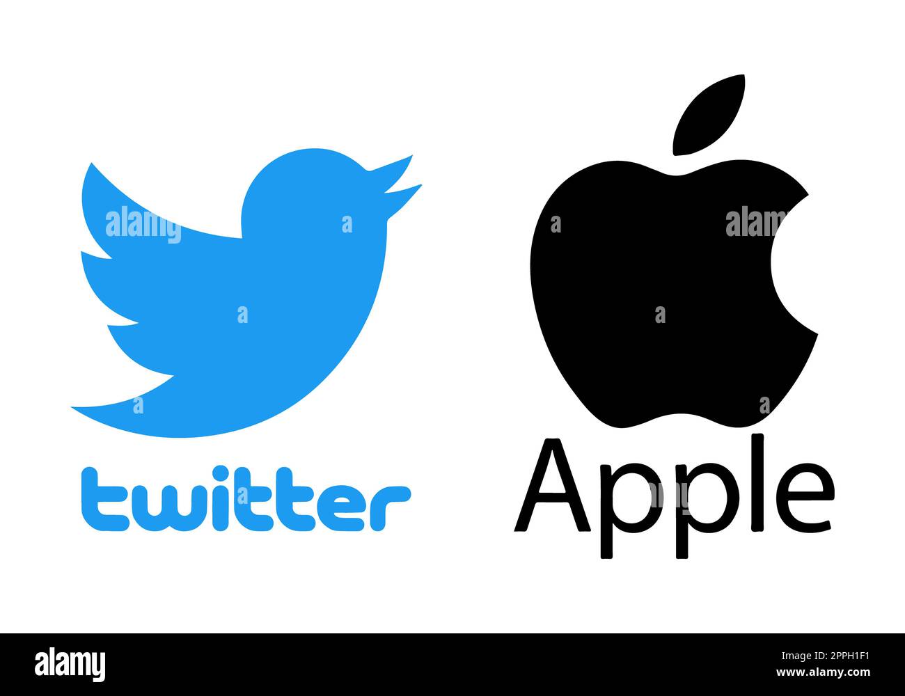 Kiew, Ukraine – 29. Nov. 2022 Apple versus Twitter-Banner mit zwei Firmenlogos. Das Konzept der Konfrontation zwischen Wirtschaftsriesen aufgrund der Verschlechterung der Beziehungen - Entfernung aus dem App Store. Stockfoto