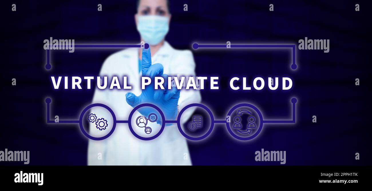 Handgeschriebenes Schild Virtual Private Cloud. Geschäftsansatz konfigurierbarer Pool gemeinsam genutzter Computing-Ressourcen Stockfoto