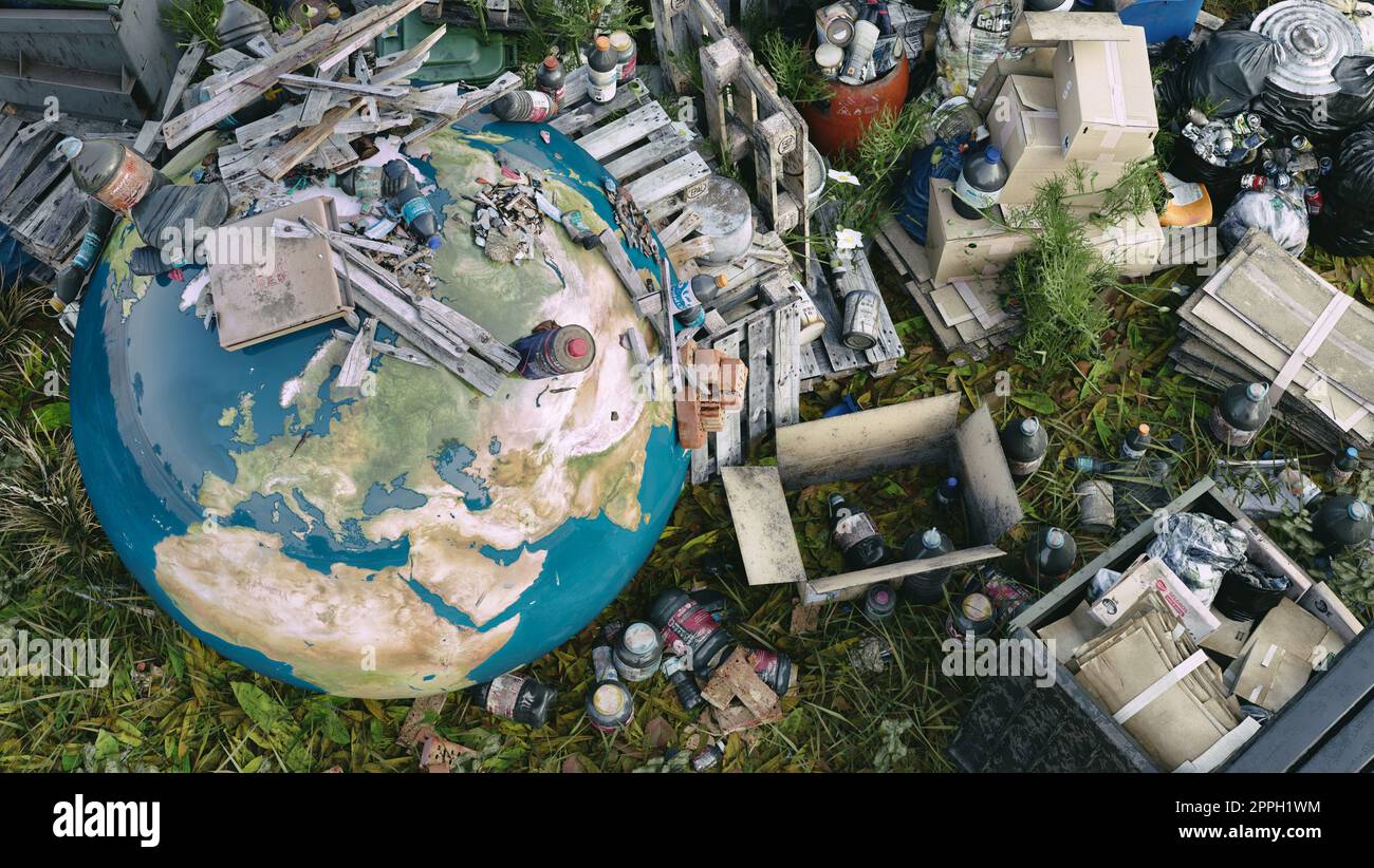 Die Erde liegt zwischen Müll - Globales Katastrophenkonzept (Treibhauseffekt, globale Erwärmung zerstören unseren Planeten) - 3D-Rendering Stockfoto