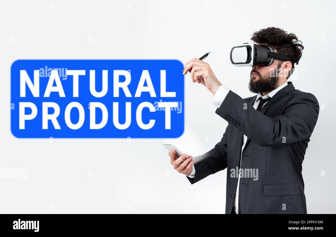 Text mit Inspiration Natural Product. Unternehmen präsentieren chemische Verbindungen oder Substanzen, die von einem lebenden Organismus produziert werden Stockfoto