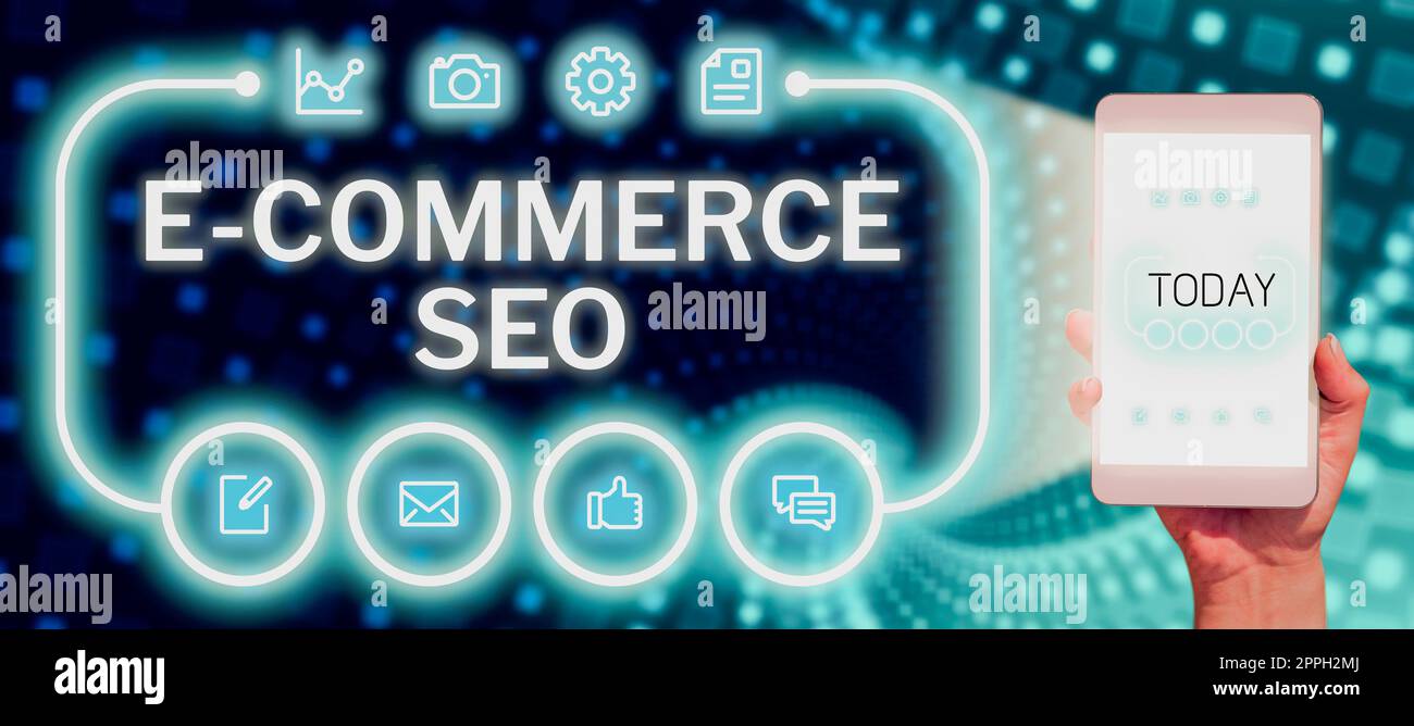 Handschriftliches Schild E Commerce Seo. Konzeptionelles Foto, das Ihren Online-Shop in der Suchmaschine sichtbarer macht Stockfoto