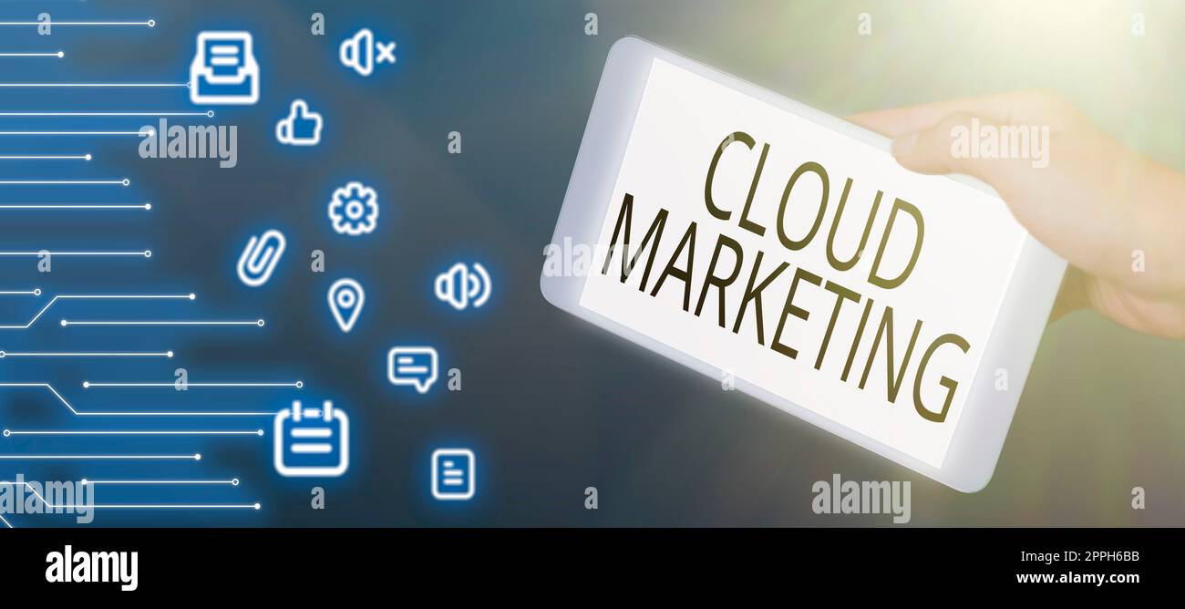 Konzepttitel Cloud-Marketing der Prozess einer Organisation zur Vermarktung ihrer Services. Ein Wort über den Prozess einer Organisation, ihre Dienstleistungen zu vermarkten Stockfoto