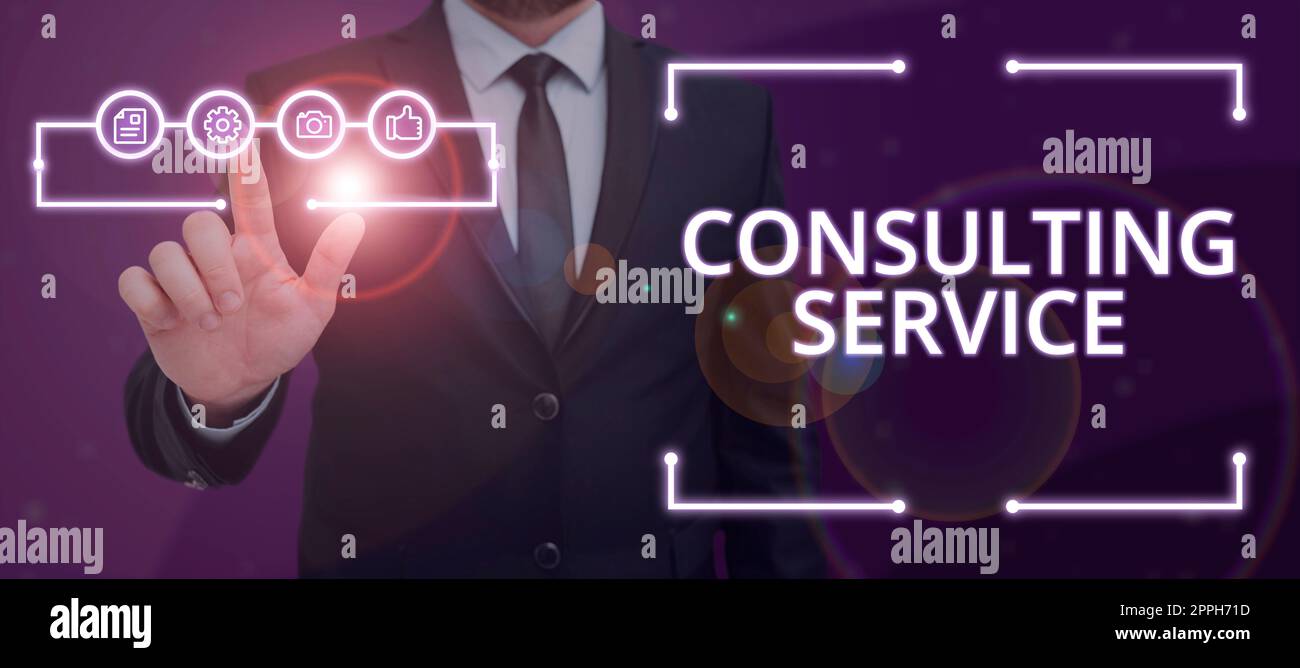 Inspiration mit dem Schild „Consulting ServiceExperts“, das einem Dritten gegen Gebühr Wissen anbietet. Ein Wort über Experten, das einem Dritten Wissen gegen eine Gebühr anbietet Stockfoto