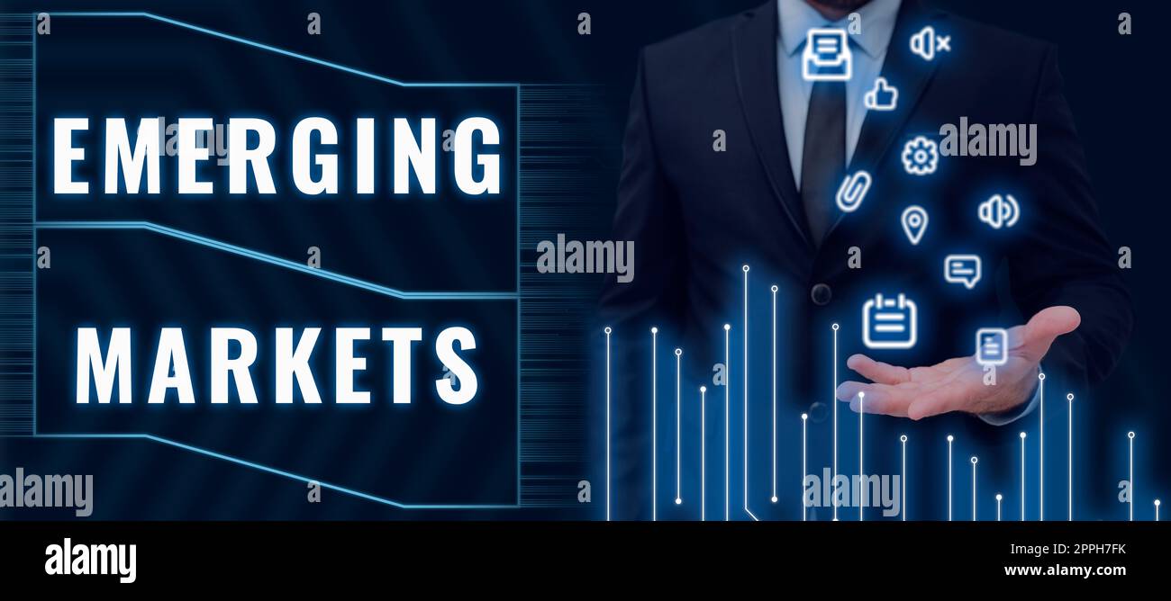 Handgeschriebener Text Emerging Marketscountry, der einige Merkmale entwickelter Geschäfte aufweist. Ein Wort, das auf einem Land geschrieben wurde und einige Merkmale entwickelter Geschäfte aufweist Stockfoto