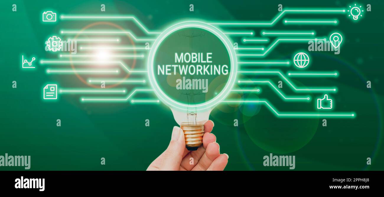 Schild, das das Mobile NetworkingCommunication-Netzwerk anzeigt, bei dem die letzte Verbindung drahtlos ist. Geschäftsübersicht Kommunikationsnetzwerk, bei dem die letzte Verbindung drahtlos ist Stockfoto