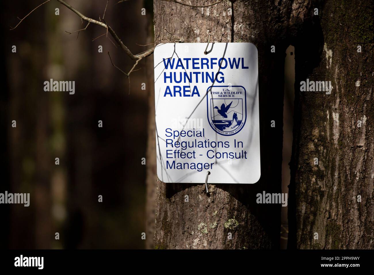 Schild Für Jagdgebiet Von Wasservögeln Stockfoto