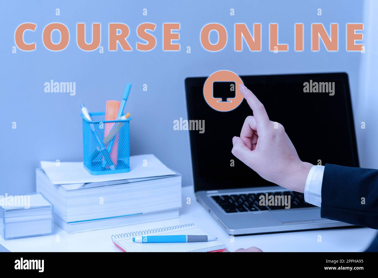Textunterschrift zur Online-Präsentation des Kurses. Business Approach eLearning Electronic Education Fernstudium Digital Class Stockfoto