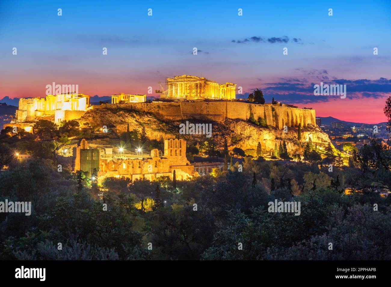 Parthenon, Akropolis von Athen bei Sonnenuntergang Stockfoto