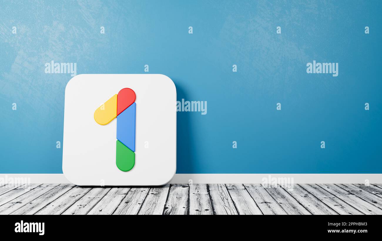 Google One Logo auf Holzboden an der Wand Stockfoto