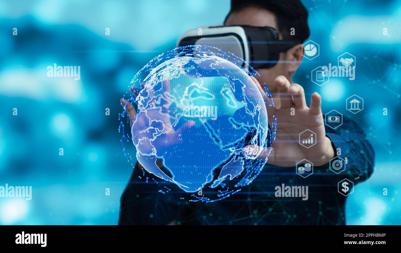 Hand berührende Erde und globale Netzwerkverbindung. Kommunikation und Nutzung moderner Internet-Technologien, soziale Netzwerke, Online-Marketing, digitales Internet. Konzept der Big-Data-Technologie. Stockfoto