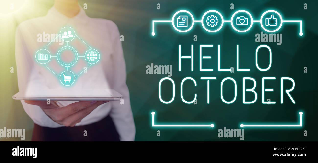 Textunterschrift mit dem Titel „Hallo Oktober“. Wort für Begrüßung, das bei der Begrüßung des 10.. Monats des Jahres verwendet wird Stockfoto