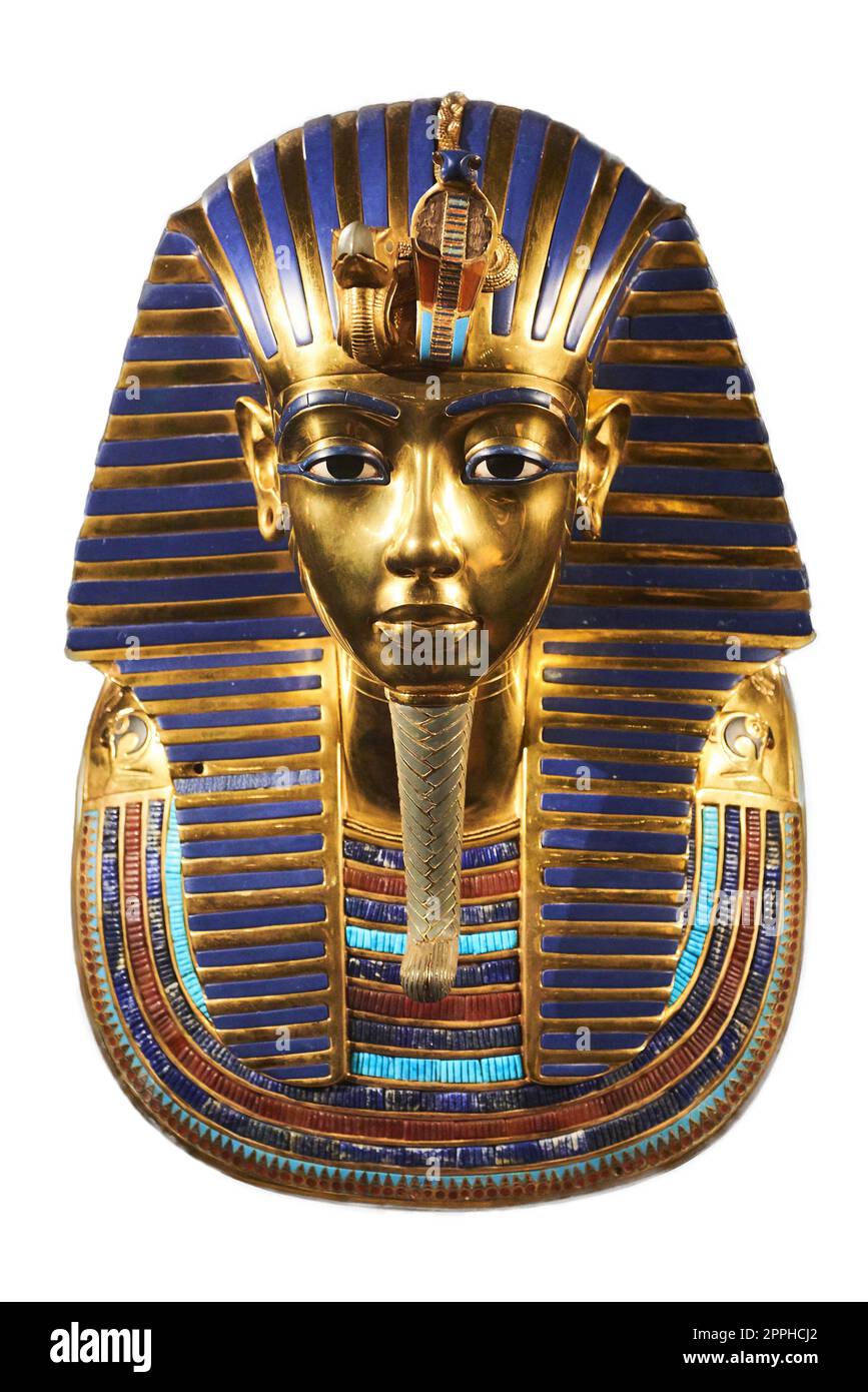 Bestattungsmaske des ägyptischen pharaos Tutanchamun. Isoliert auf weißem Hintergrund. Die Maske von Tutanchamun ist eine Goldmaske des Ägypten der 18. Dynastie Stockfoto