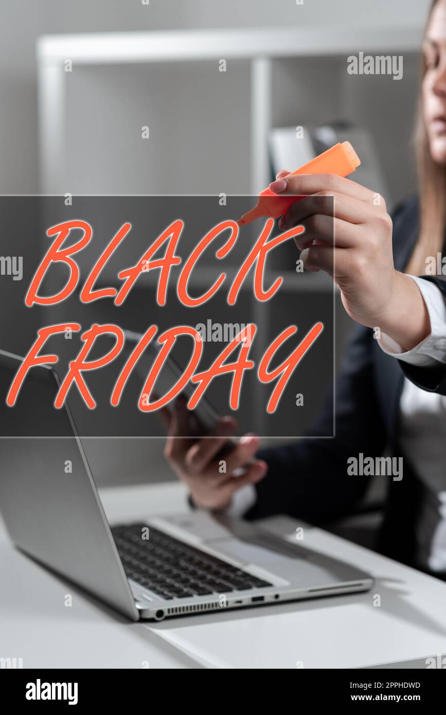 Konzeptionelle Bildunterschrift Black Friday. Wort für einen Tag, an dem der Verkäufer seine Preise ausschließlich für den Käufer abgibt Stockfoto