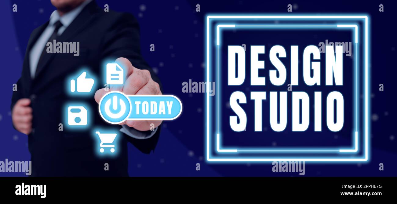 Handschrift Zeichen Design Studio. Wort für Arbeitsumgebung speziell für Designer und Handwerker Stockfoto
