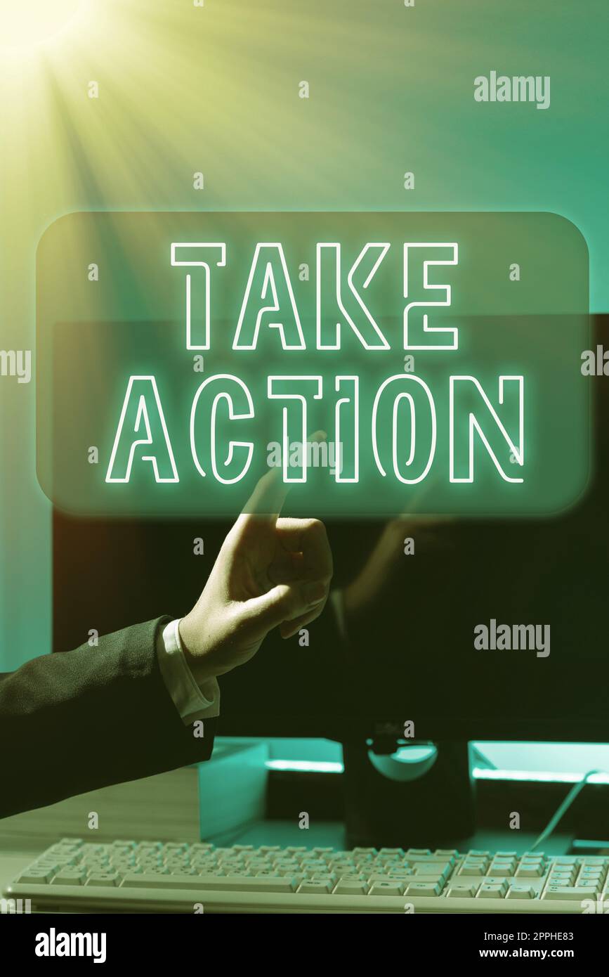 Text zeigt Inspiration Take Action. Konzept, das eine positive Entscheidung zur Lösung des Problems bedeutet Stockfoto