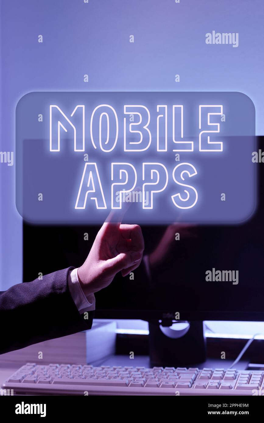 Textunterschrift mit Darstellung mobiler Apps. Geschäftsansatz eine Softwareanwendung, die für die Ausführung auf Handheld-Geräten entwickelt wurde Stockfoto