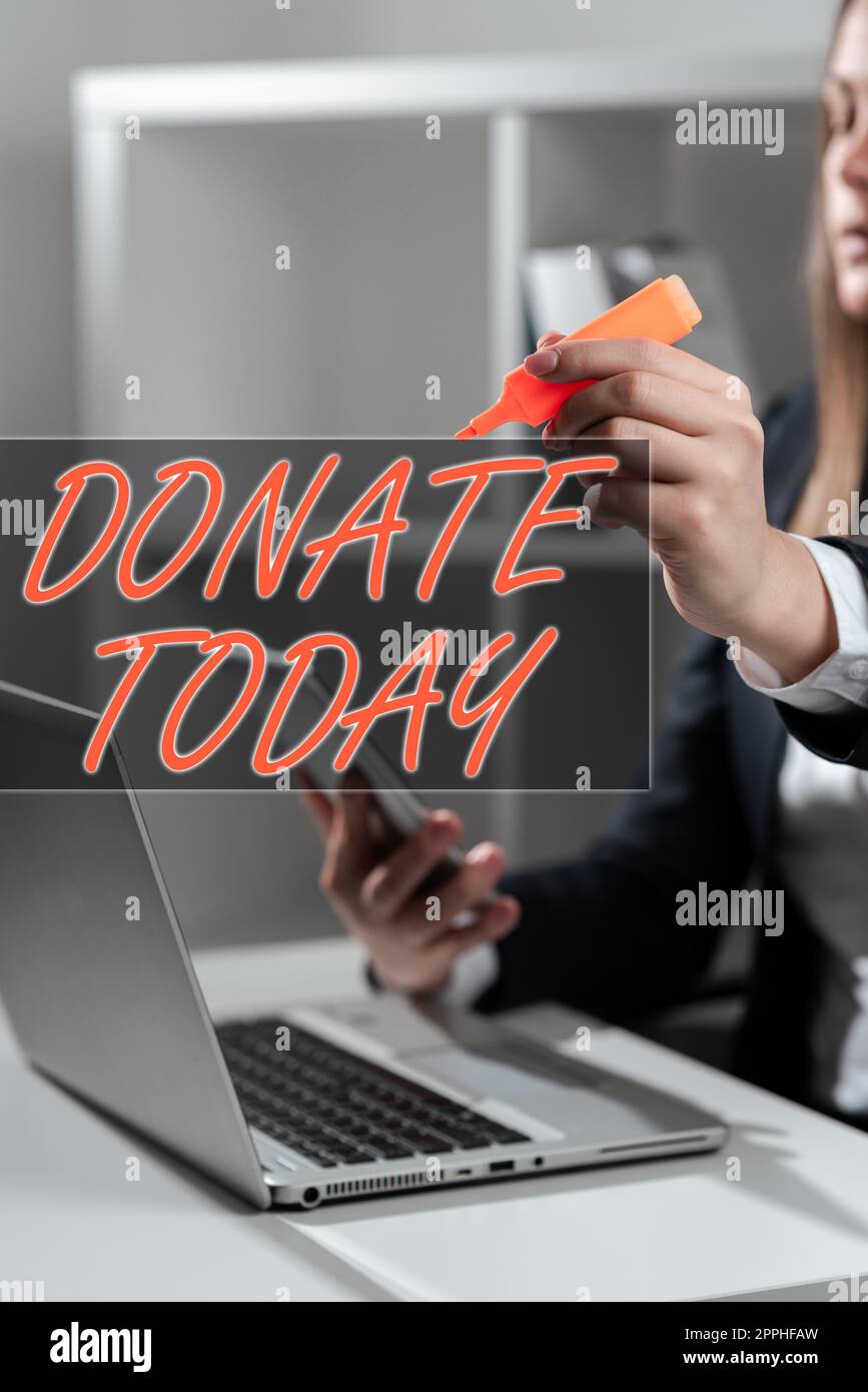 SMS-Schild mit der Anzeige Spenden heute. Wort geschrieben, um einer Person oder Organisation wie Waren, Geld oder Zeit zu geben Stockfoto