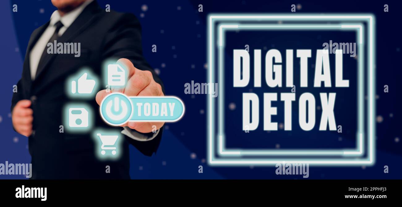 Konzeptunterschrift Digital Detox. Wort zum Verbot der Verwendung elektronischer und digitaler Geräte Stockfoto