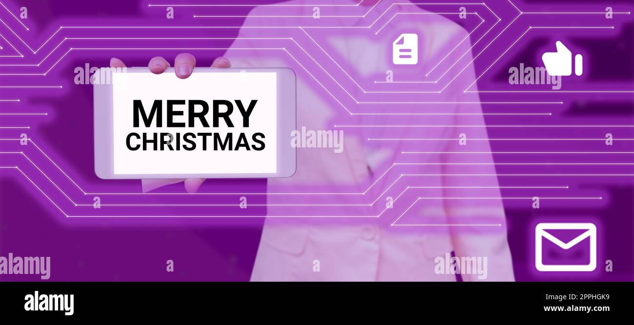 Textbeschriftung mit Frohe Weihnachten. Ein Wort über die jährliche Tradition zur Feier der Geburt Jesu Christi Stockfoto