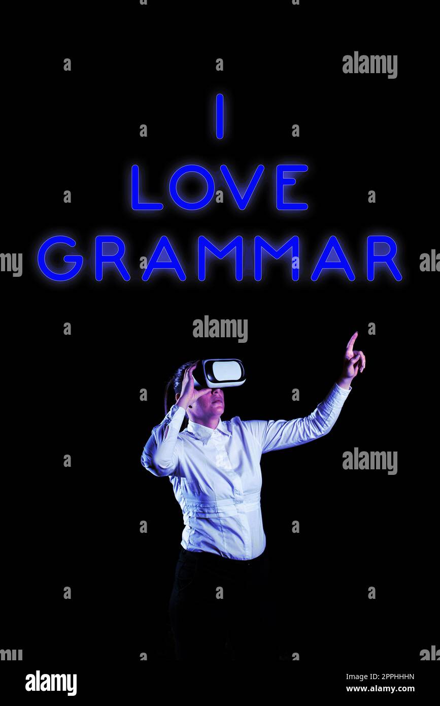Textunterschrift mit „I Love Grammar“. Geschäftsvorstellung der Bewunderung des Systems und der Sprachstruktur Stockfoto