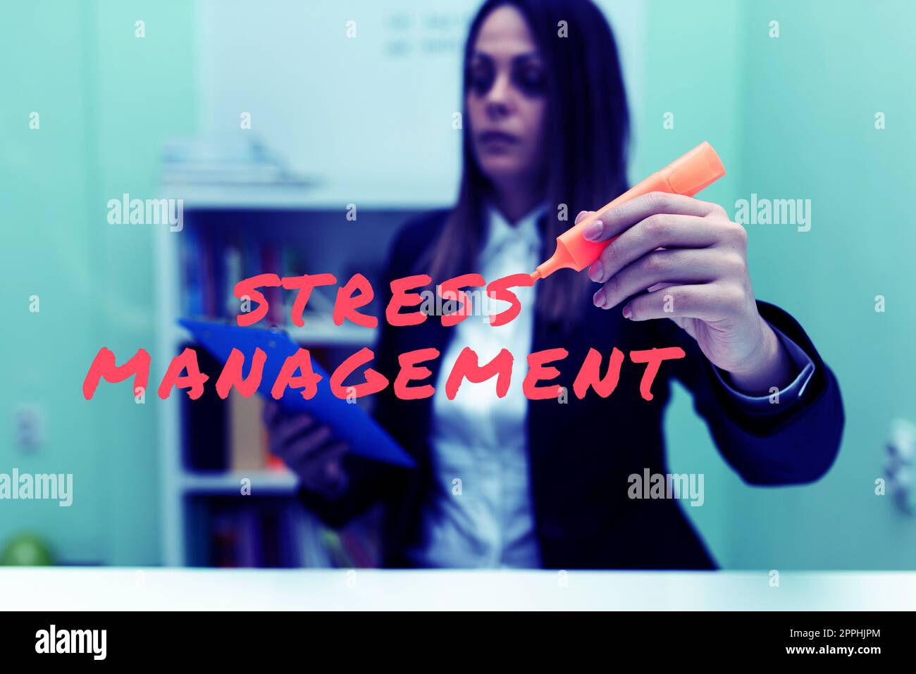 Inspiration mit dem Schild „Stress Management“. Unternehmen zeigen Lernmethoden für Verhalten und Denken, die Stress reduzieren Stockfoto