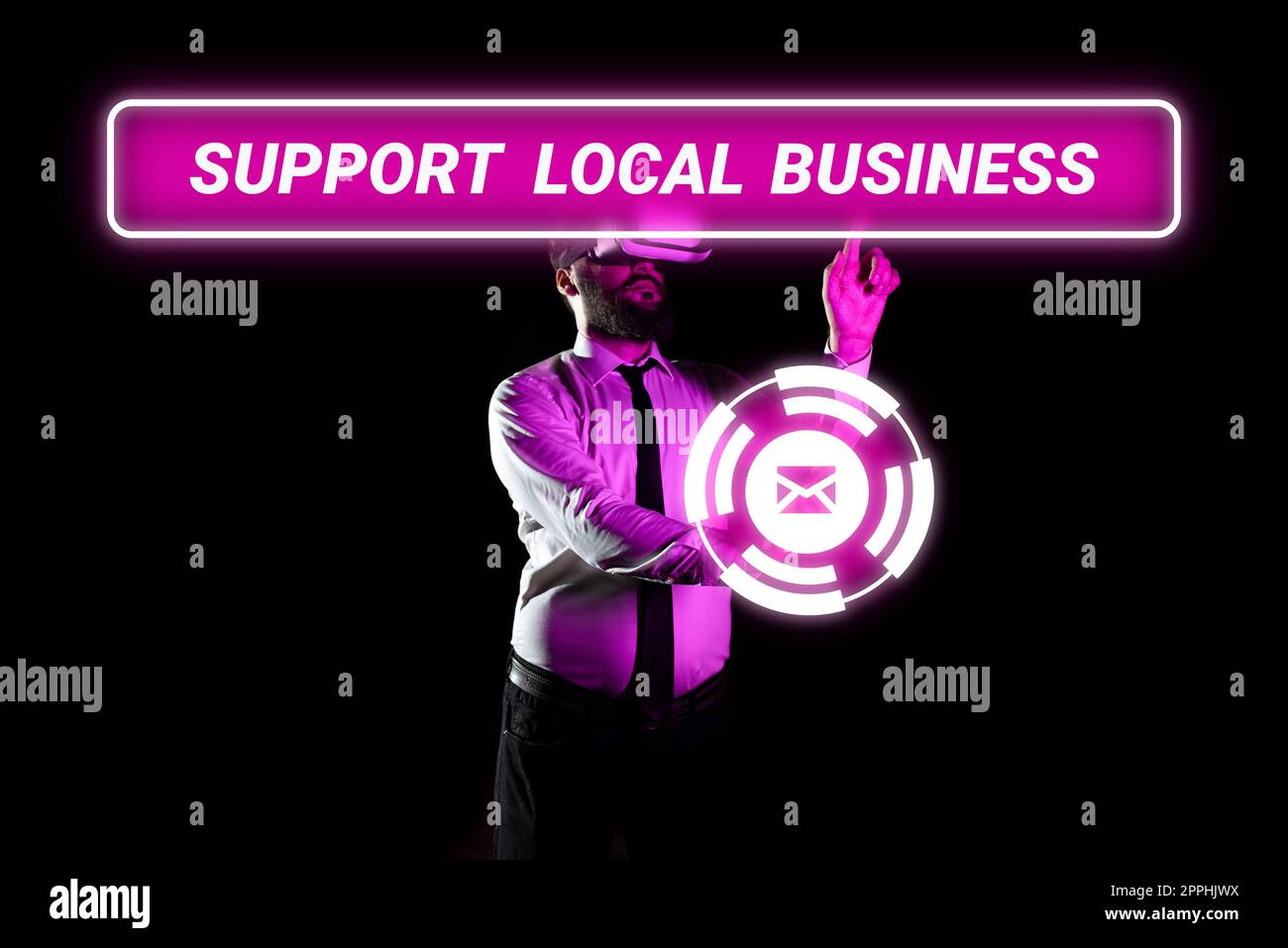 Textzeichen mit „Support Local Business“. Business Showcase steigern Sie die Investitionen in Ihrem Land oder Ihrer Stadt Stockfoto
