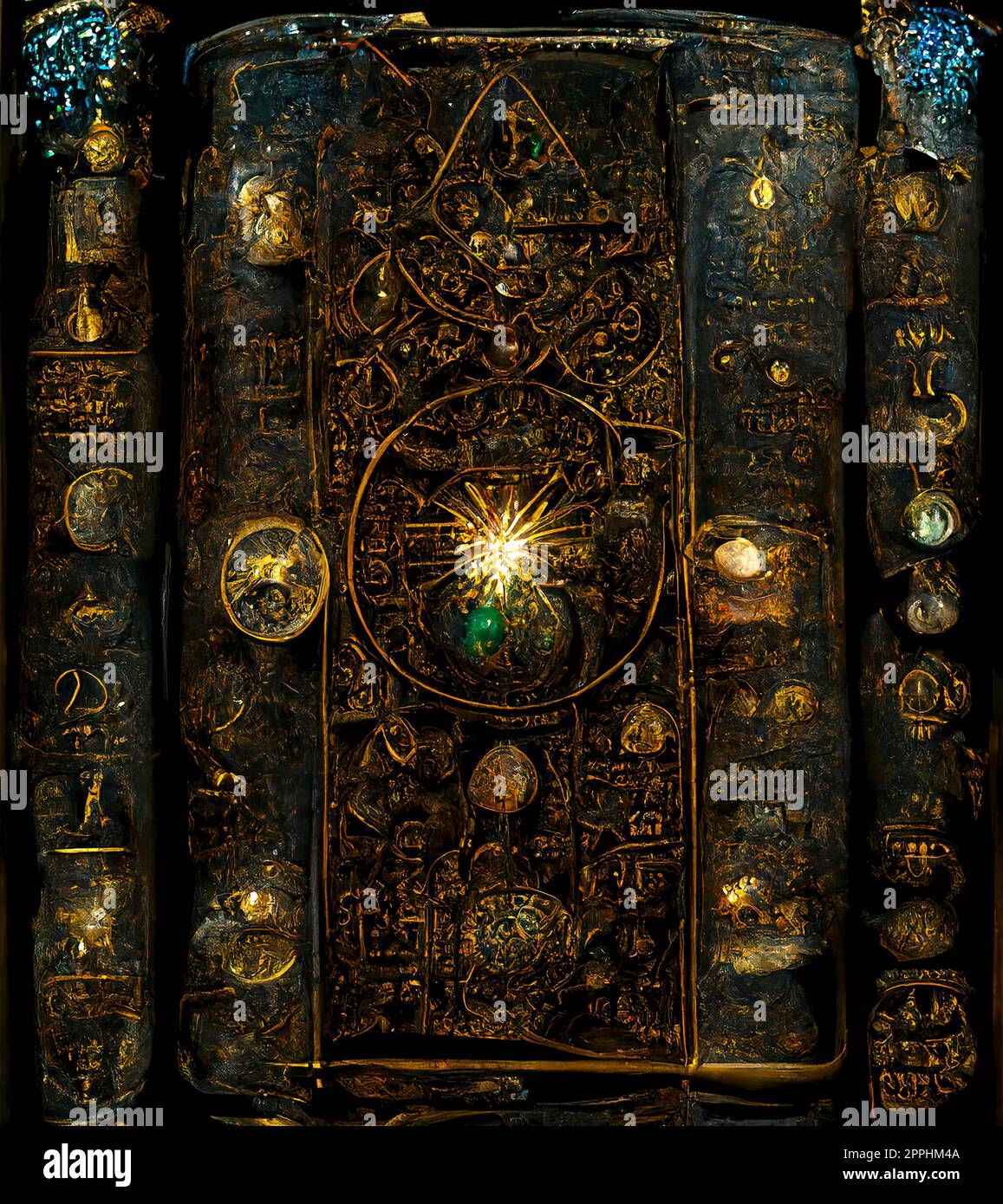 Antikes Buch mit leuchtenden Zaubersprüchen und Runen. Okkult, esoterisch, Weissagung und Wicca-Konzept. Halloween Vintage Hintergrund Stockfoto
