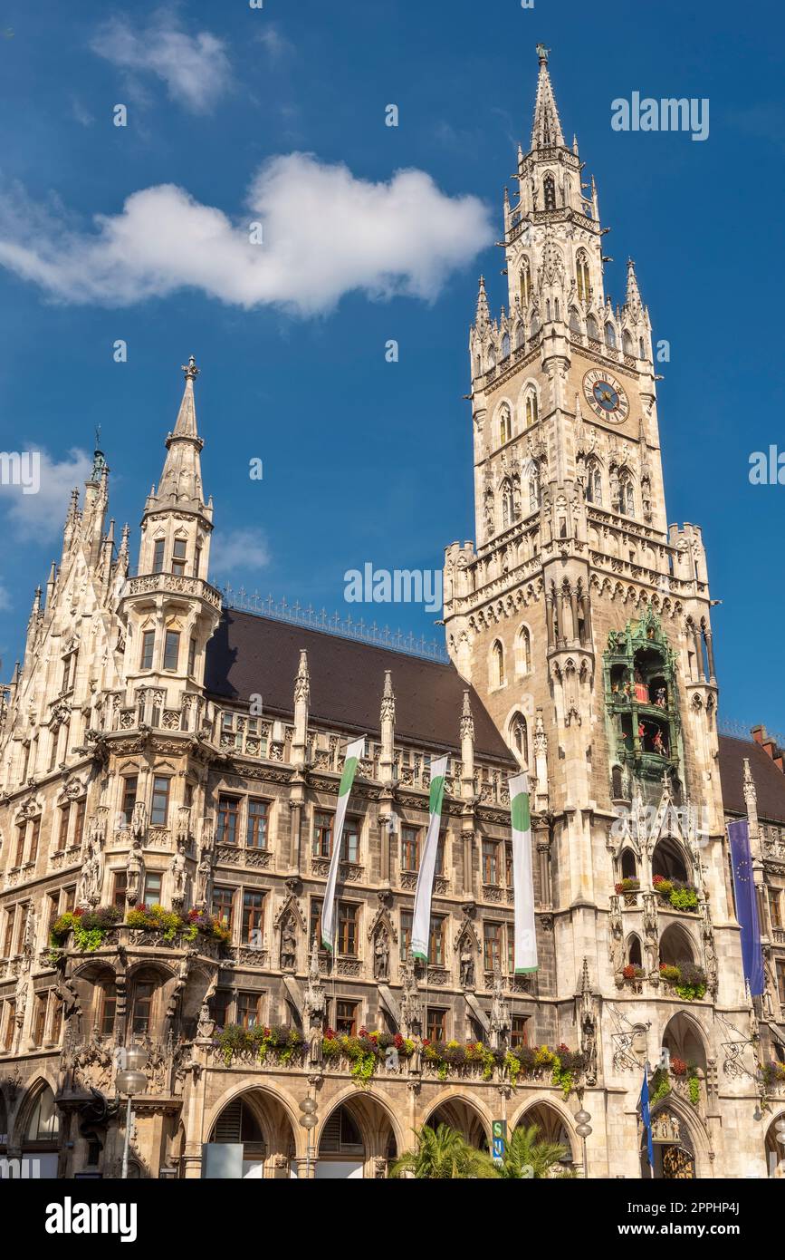 Die neogotische Fassade des neuen Rathauses mit Rathausturm in der Münchner Altstadt mit Blick vom Marienplatz aus bei schönem Sommerwetter und blauem Himmel Stockfoto