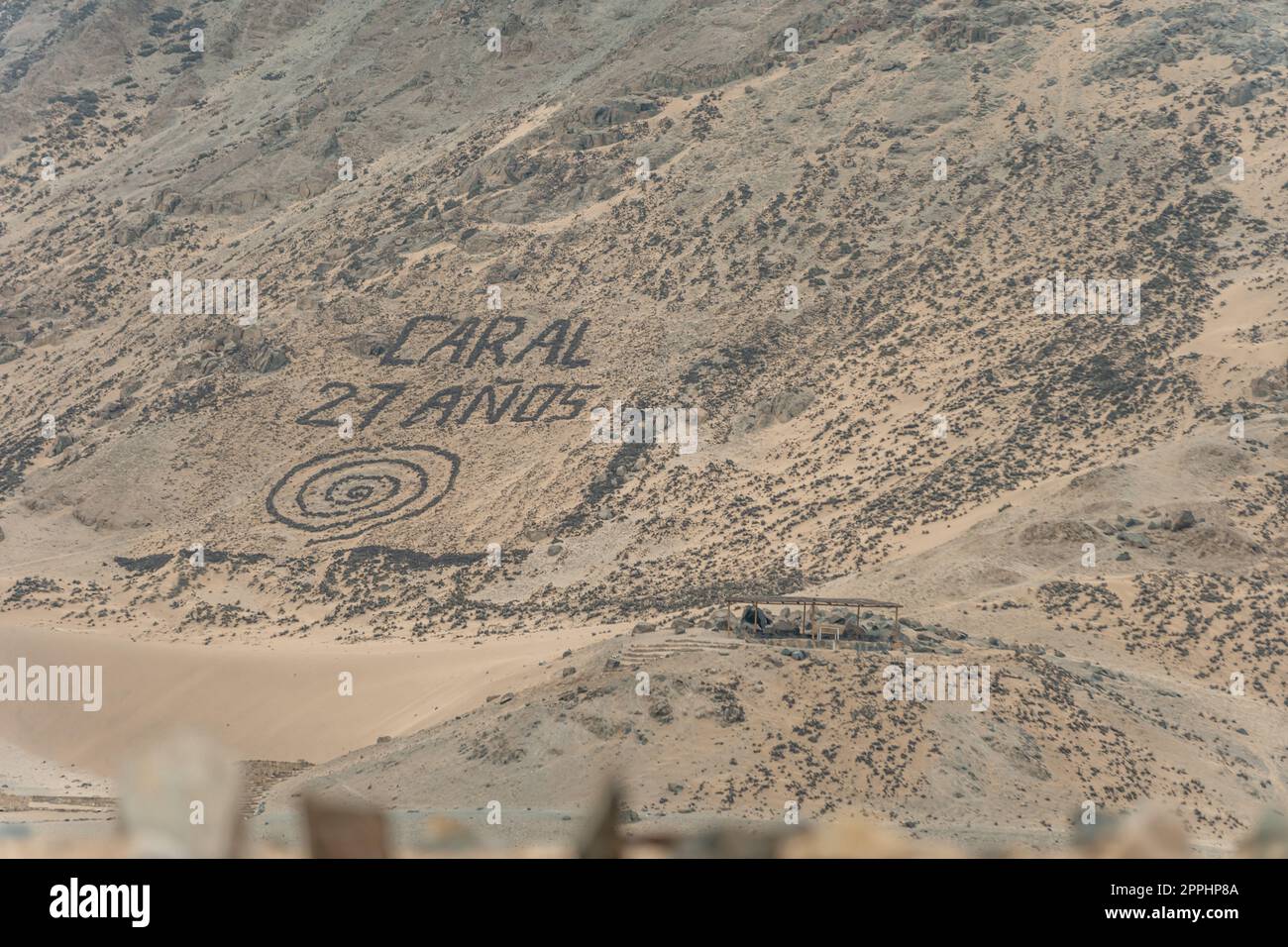 Archäologische Stätte der Karalzivilisation in Peru im Supe-Tal, von der UNESCO zum Kulturerbe der Menschheit erklärt Stockfoto