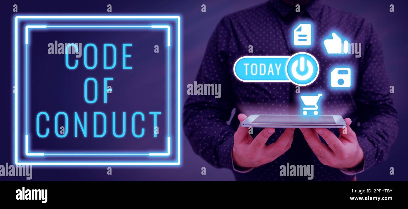 Konzeptionelle Darstellung des Verhaltenskodex. Geschäftskonzept Ethik Regeln Moral Kodizes ethische Prinzipien Werte respektieren Stockfoto