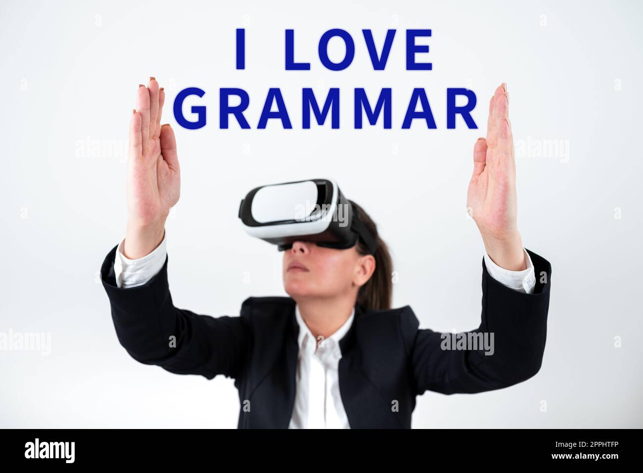 Inspiration mit dem Schild „I Love Grammar“. Ein Wort über Bewunderungsakt, System und Struktur der Sprache Stockfoto