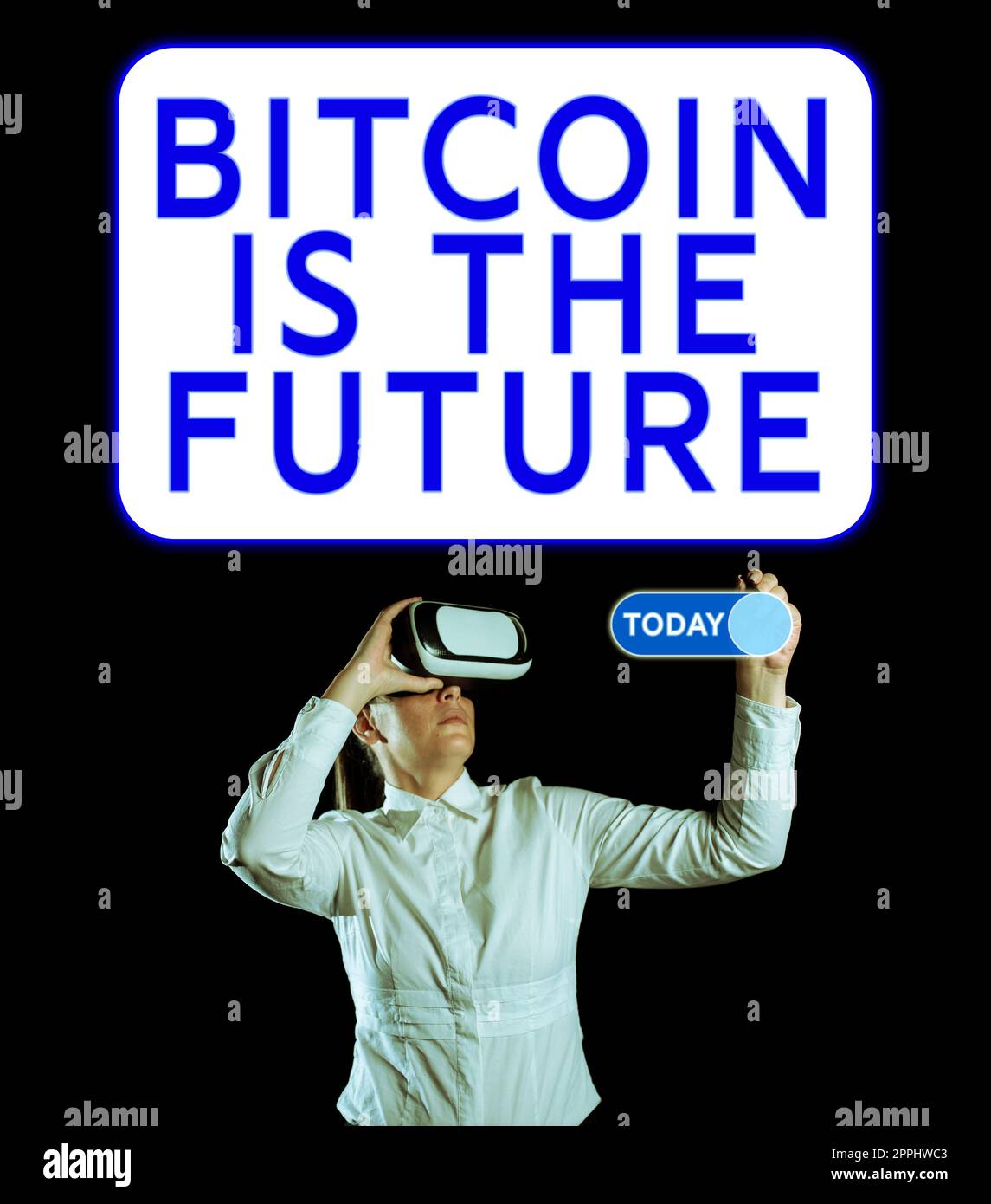 Inspiration mit dem Zeichen Bitcoin is the Future. Unternehmen präsentieren digitale Marktplätze, auf denen Händler Bitcoins kaufen und verkaufen können Stockfoto