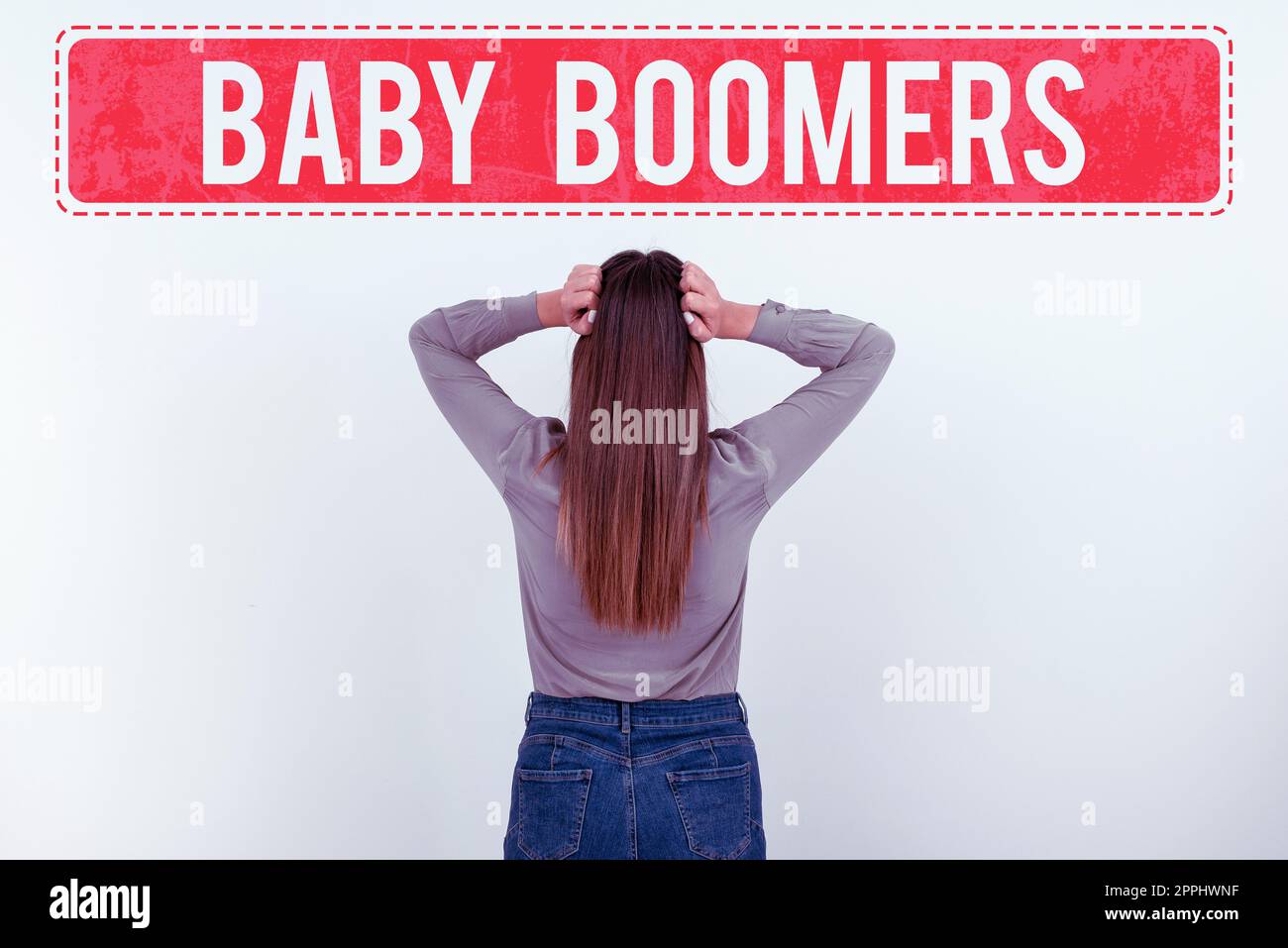 Schild mit Babyboomern. Geschäftsübersicht Person, die in Jahren nach dem Zweiten Weltkrieg geboren wird Stockfoto