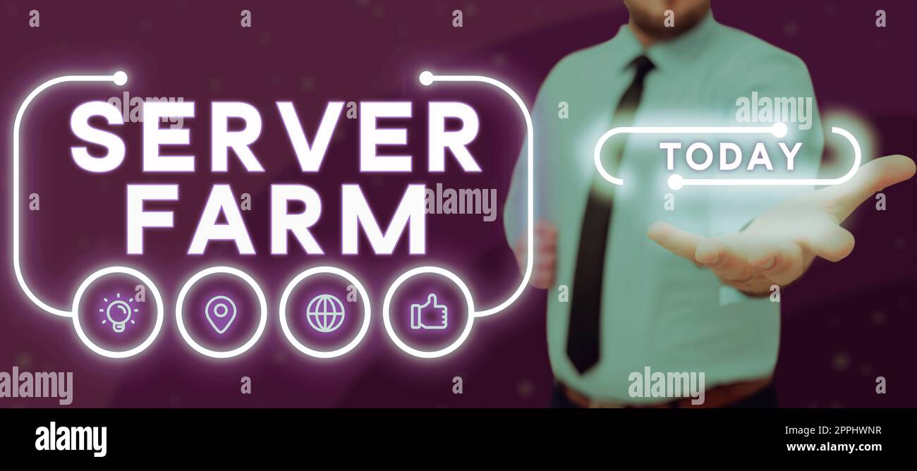 Inspiration für Sign Server Farm. Geschäftskonzept eine Gruppe von Computern, die als Server fungieren und zusammen untergebracht sind Stockfoto