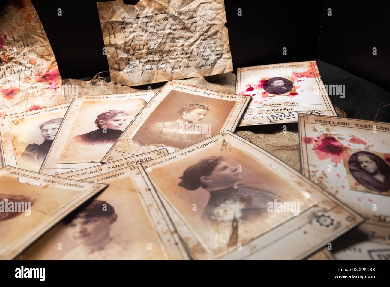 Jack the Ripper Victims, Scotland Yard, 1888. Der Mörder ermordete 12 Frauen. Bilder mit Blut - ein dunkles Verbrechen aus der viktorianischen Zeit. Stockfoto
