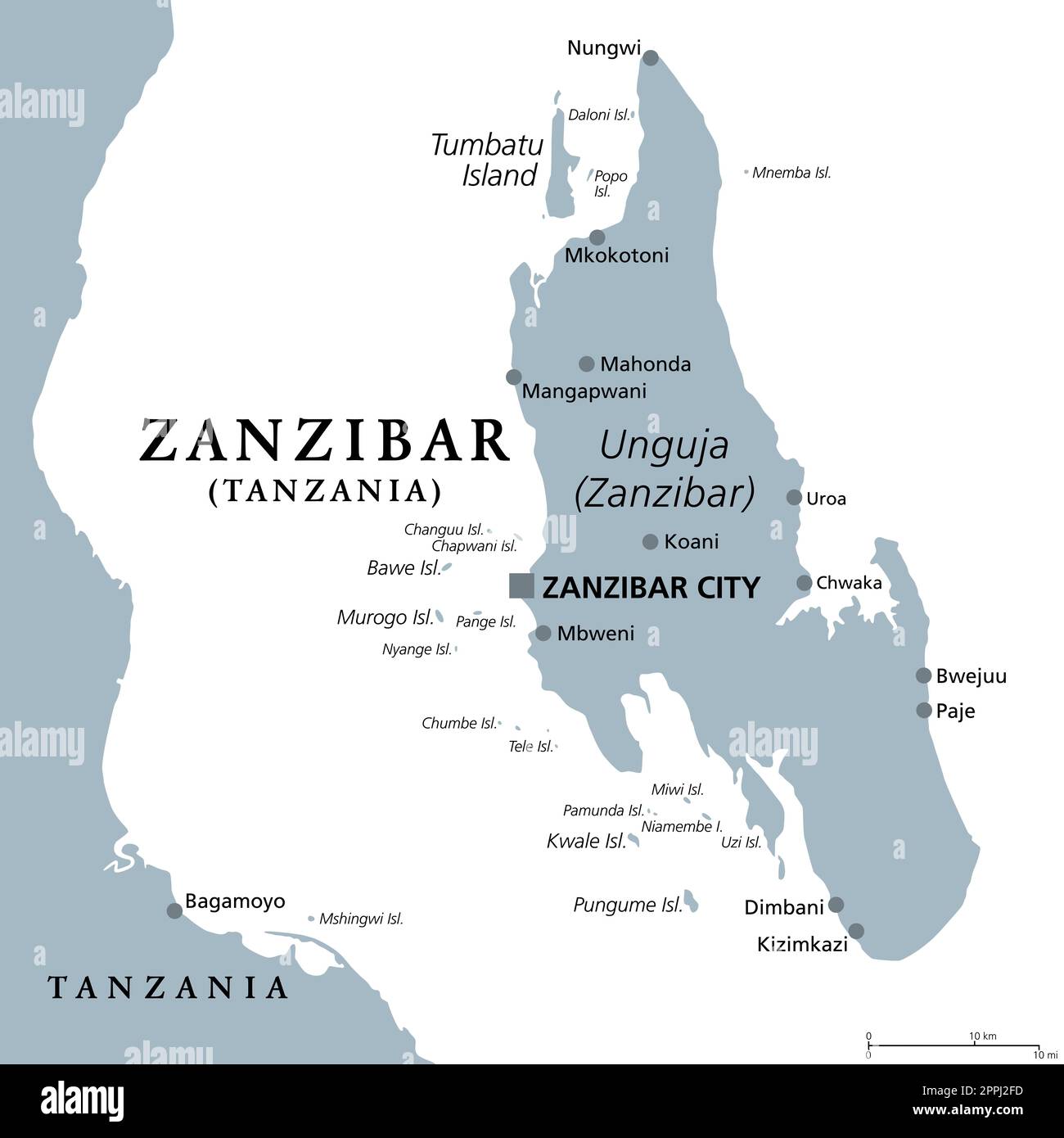 Sansibar Island, Unguja, Tansania, graue politische Karte. Die größte, bevölkerungsreichste Insel des Sansibar-Archipels im Indischen Ozean. Stockfoto