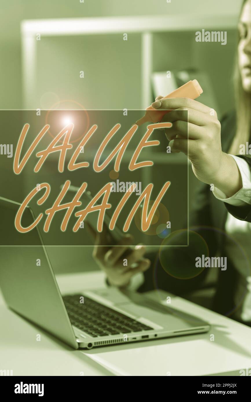 Text mit Inspiration Value Chain. Überblick über das Unternehmen eine Reihe von funktionalen Aktivitäten, die das Produkt wertvoller machen Stockfoto